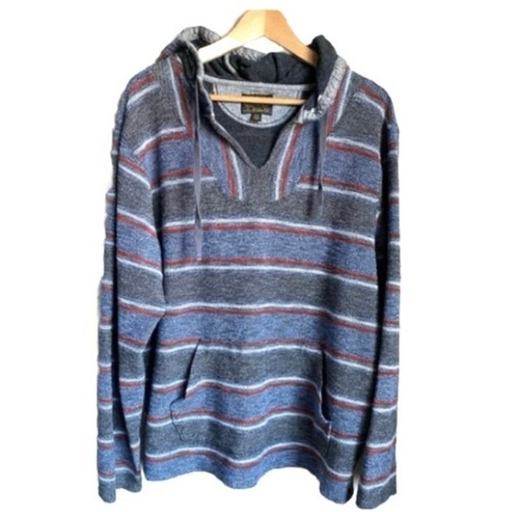 LUCKY BRAND Baja Beach‎ Hoodie Drug Rug Sweater Blue Gray Rust Striped Unisex S - Picture 3 of 8